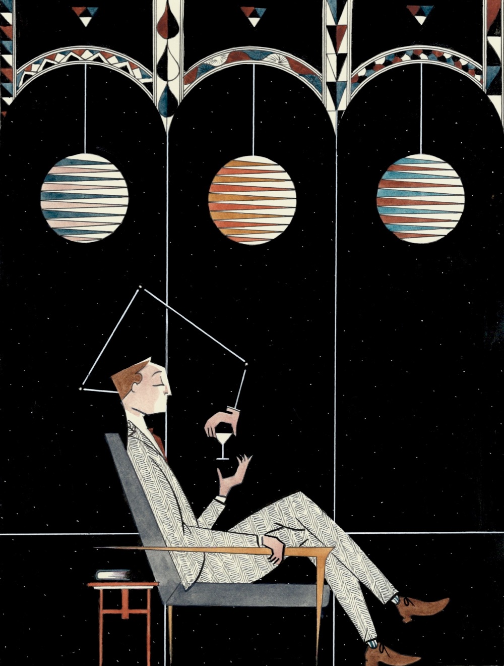 illustration d'Alexis Bruchon d'un homme prenant un verre assis dans un sofa