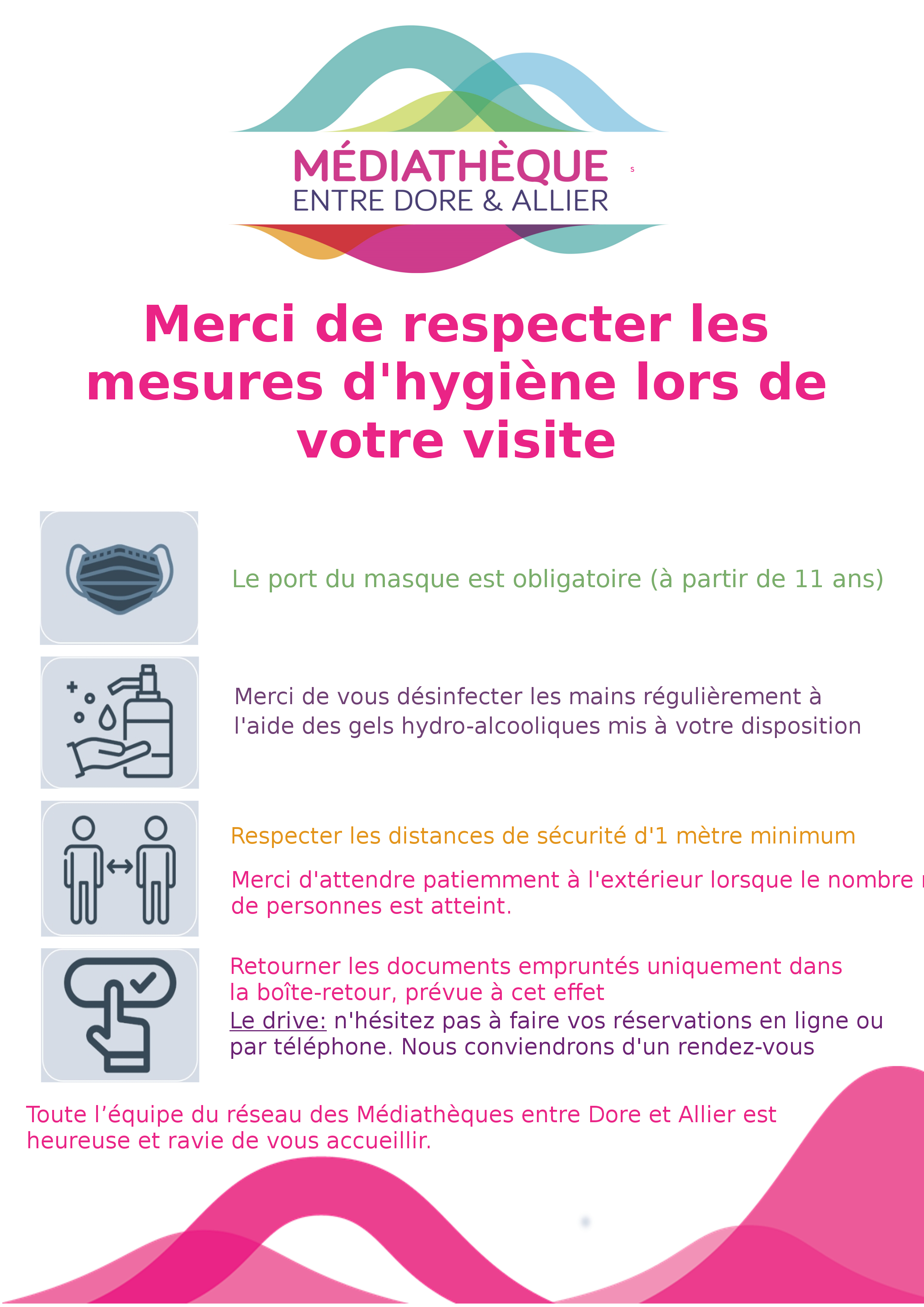 affiche du protocole sanitaire de la réouverture de la Médiathèque entre Dore et Allier